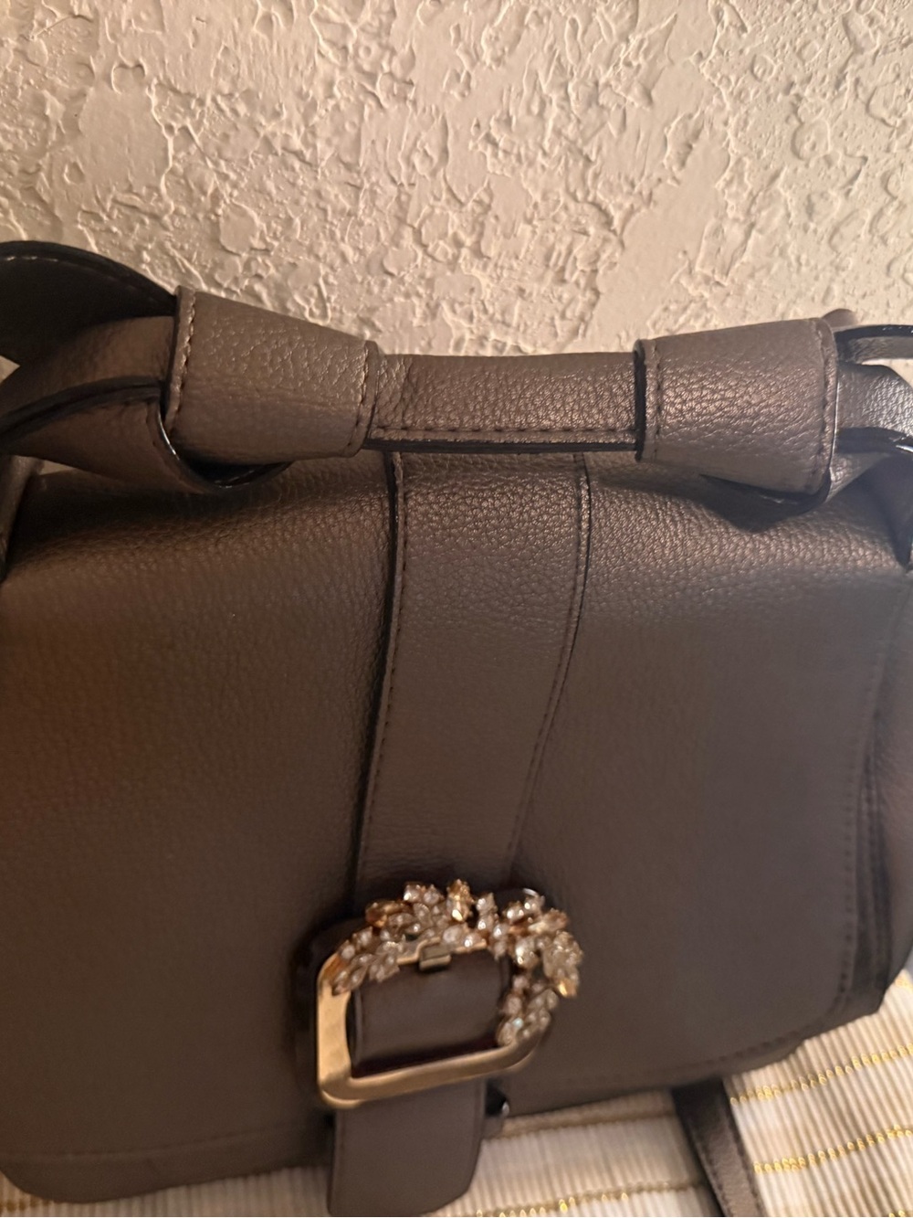 Gianni Bini  bronze  Leather Shoulder Bag with Jeweled Buckle